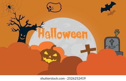 Beautiful vector 3D background for Halloween with icons of pumpkin, tree, moon
Background for halloween, discounts