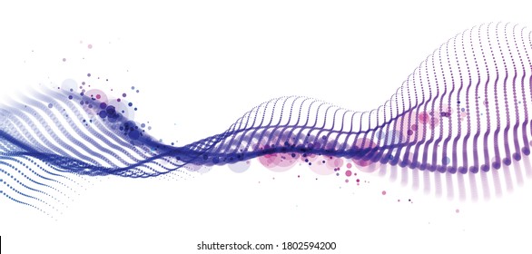 Beautiful vector abstract background of flying particles in motion, wavy lines flow big data technology and science theme, 3D mixed dots array in motion light and easy.