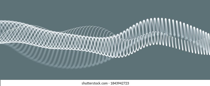 Beautiful vector abstract background of flying particles in motion, wavy lines flow big data technology and science theme, 3D dots array flowing in motion, nanotechnology.