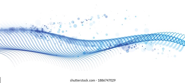 Beautiful vector abstract background of flying particles in motion, wavy lines flow big data technology and science theme, 3D dots array flowing in motion, nanotechnology.