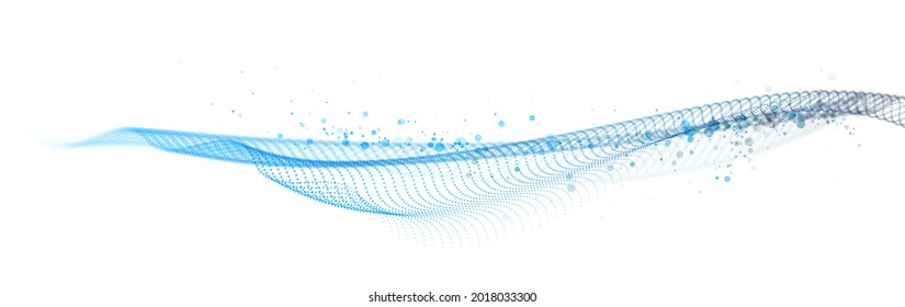 Beautiful vector abstract background of flying particles in motion, wavy lines flow big data technology and science theme, 3D mixed dots array in motion light and easy.