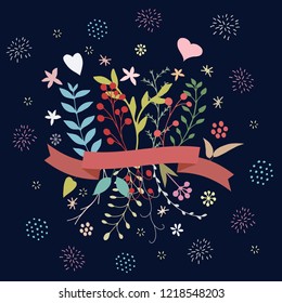 Beautiful vector abstract floral spring bouquet with leaves, berries, flowers, fireworks and ribbon in gentle colors on dark blue background. Cute botanical hand drawn illustration for banner design.