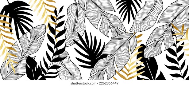 Beautiful vector abstract illustration with palm leaves, fern, golden branches with leaves