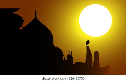  Beautiful vector abstract for Incredible India illustration with Taj and Sun set background.