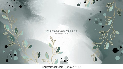 Beautiful vector abstract watercolor illustration in dark turquoise and gray shades with golden branches and leaves for cards, invitations, design