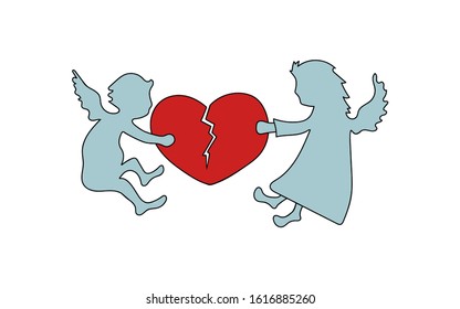 Beautiful vector angels holding and tearing apart red broken heart