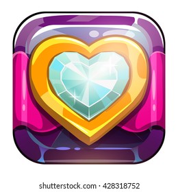 Beautiful Vector App Icon With Golden Heart On Crystal Background, Vector Game Asset For Gui Design, Application Store Icon, Game Logo Element