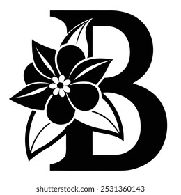 Bela arte vetorial da letra maiúscula B com efeitos florais. Perfeito para logotipos, ícones, line-art, clipart e silhuetas. Ideal para projetos gráficos elegantes e decorativos.