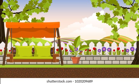 Lindo vetor arte flor cama em jardim com cama de balanço. Fundo da paisagem.