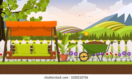 Beautiful vector art flower bed in garden with swing bed. Landscape background.