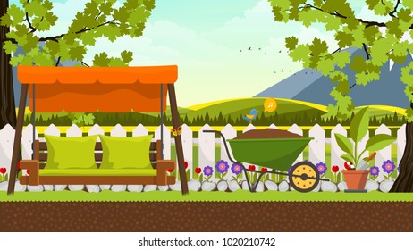 Beautiful vector art flower bed in garden with swing bed. Landscape background.