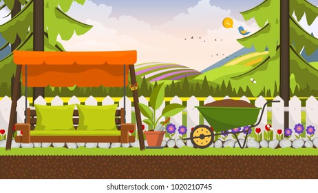 Beautiful vector art flower bed in garden with swing bed. Landscape background.