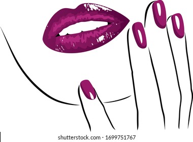 Beautiful vector art, girl with bright purple lips and manicure, beauty salon