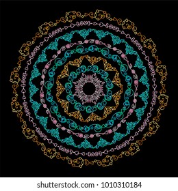 Beautiful vector art. Hand drawing flowers, hearts and roses mandala, bright gold, shining pink and blue colors. Girlish design, perfect for t-shirt, posters, prints and more