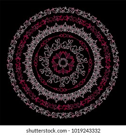 Beautiful vector art. Hand drawing flourish, bunnies, roses and herbals mandala, shining pink and rose colors. Girlish design, perfect for t-shirt, posters, prints and more