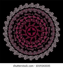 Beautiful vector art. Hand drawing abstract blossom mandala, consist from tiny hearts and roses, shadows of pink colors. Boho or tribal design, perfect for t-shirt, posters, prints and more