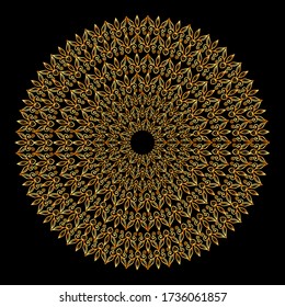 Beautiful vector art. Hand drawing abstract blossom mandala, consist from tiny leaves, shining gold color. Boho or tribal design, perfect for t-shirt, posters, prints and more