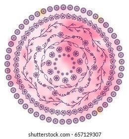 Beautiful vector art. Hand drawn flourish, herbal bohemian mandala with stylized watercolor background. Tender rose, lilac and pink colors. Girlish design, perfect for t-shirt, posters and more