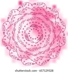Beautiful vector art. Hand drawn flourish, herbal bohemian mandala with stylized watercolor background. Tender rose and pink colors. Girlish design, perfect for t-shirt, posters and more