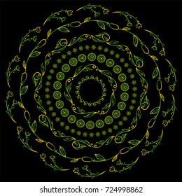 Beautiful vector art on black background. Boho, tribal, ethnic design, light green and yellow colored mandala. Abstract round lace, different elements in each art