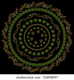 Beautiful vector art on black background. Boho, tribal, ethnic design, light green, yellow and gold colored mandala. Abstract round lace, different elements in each art