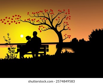 "Beautiful vector art of a romantic sunset silhouette featuring a couple on a bench under a tree with heart-shaped leaves. Perfect for Valentine’s Day, love-themed designs, and romantic projects."