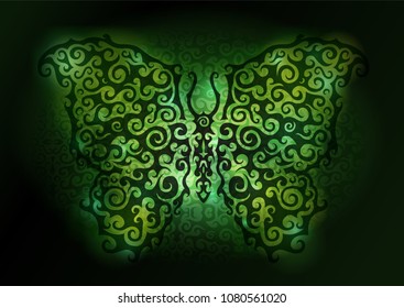 Beautiful vector art with shiny green butterfly on dark background