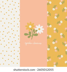 Beautiful vector art of small polka dots and delicate flowers. Daisies with cute writing. Garden dreams written