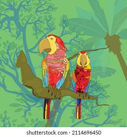 Beautiful vector art of two Scerlet Macaw or colorful parrots sitting on tree branch in the forest area, palm tree and plants on blur background.