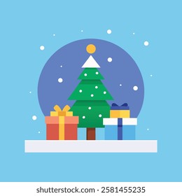 Beautiful vector artwork of gift boxes and a decorated Christmas tree on a snowy moonlit night, capturing the festive holiday spirit.