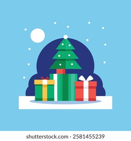 Beautiful vector artwork of gift boxes and a decorated Christmas tree on a snowy moonlit night, capturing the festive holiday spirit.