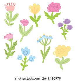 Beautiful vector artwork of tulips, daisies, and gerberas arranged in a soft, colorful style. Perfect for spring decor, floral prints, and creative illustration projects.