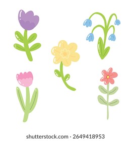 Hermosa obra de arte de Vector de tulipanes, margaritas y gerberas dispuestas en un estilo suave y colorido. Perfecto para decoración de primavera, estampados florales y proyectos de ilustración creativos.