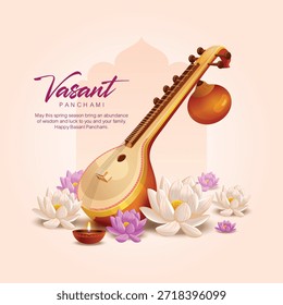 Una hermosa obra de arte de Vector de Vasant Panchami con Veena tradicional, flores de loto y cálido fondo festivo. Perfecto para saludos de festivales de primavera, afiches culturales indios, publicaciones en redes sociales, Anuncios y material impreso. Ideal para proyectos creativos de celebración Basant Panchami.