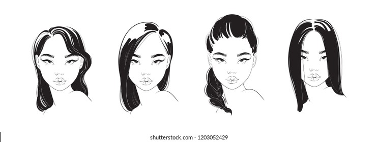 Beautiful vector asian young woman. Hand drawn stylish woman portrait. Fashion lady. Sketch.