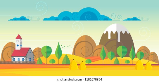 Beautiful Vector Autumn Abstract Landscape with Church