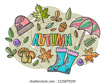 Beautiful vector autumn composition of hand-drawn objects in the style of Doodle
