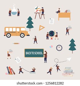 Beautiful vector back to school pattern concept featuring teacher and students activities,girls and boys dressed in school uniform,flat design style,vector cartoon illustration.