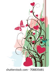 Beautiful vector background about love. Multicolored blots and twigs with hearts.