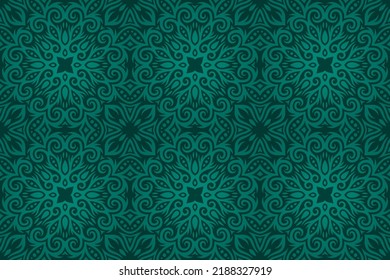 Beautiful vector background with abstract green vintage seamless pattern on the dark background