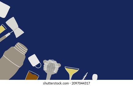 Beautiful vector background with bartending equipment shaker, mixing, serving, spoon, pouring cocktails, corkscrew, glasses of drinks in the bar, in a flat and cartoon style. National Bartender Day 
