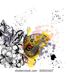 Beautiful vector background with butterfly and tropical flowers