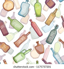 Beautiful vector background with colored glass bottles with names of popular alcoholic drinks