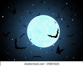 Beautiful vector background with full moon, stars and flying bats 