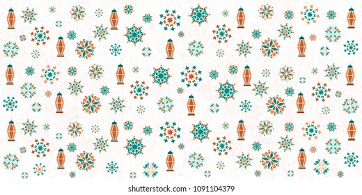 Beautiful vector background, for greeting card, packing paper, banner, business card, celebration or decoration for the Ramadan holiday. Geometric abstract ornament in the form of flowers, month, star