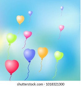 Beautiful vector background for greetings cards, invitations, brochures, booklets. Helium balloons in the shape of a heart against the blue sky, sun, clouds.