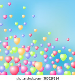 Beautiful vector background for greetings cards, invitations, brochures, booklets. Helium balloons in the shape of a heart against the blue sky, sun, clouds.