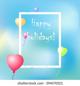 Beautiful vector background for greetings cards, invitations, brochures, booklets. Helium balloons in the shape of a heart against the blue sky, sun, clouds.