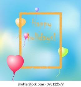 Beautiful vector background for greetings cards, invitations, brochures, booklets. Helium balloons in the shape of a heart against the blue sky, sun, clouds.