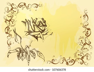 Beautiful vector background with hand drawn rose in sepia